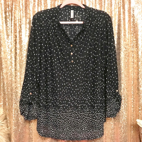 Perseption Tops - Navy & White Polka•Dot Button 3/4 Sleeve Blouse 1X